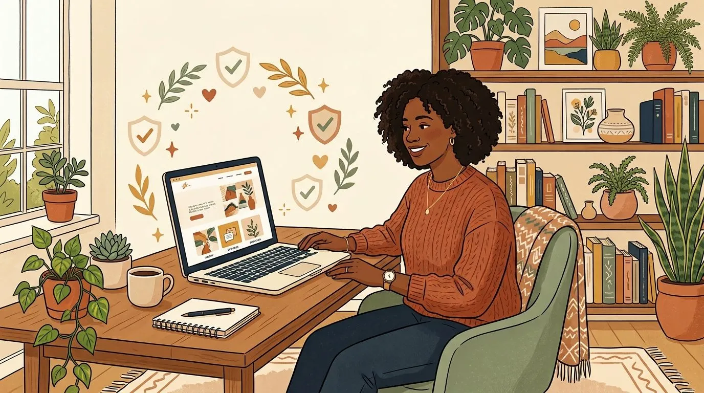 Illustration of a woman working on her laptop at a desk surrounded by plants.