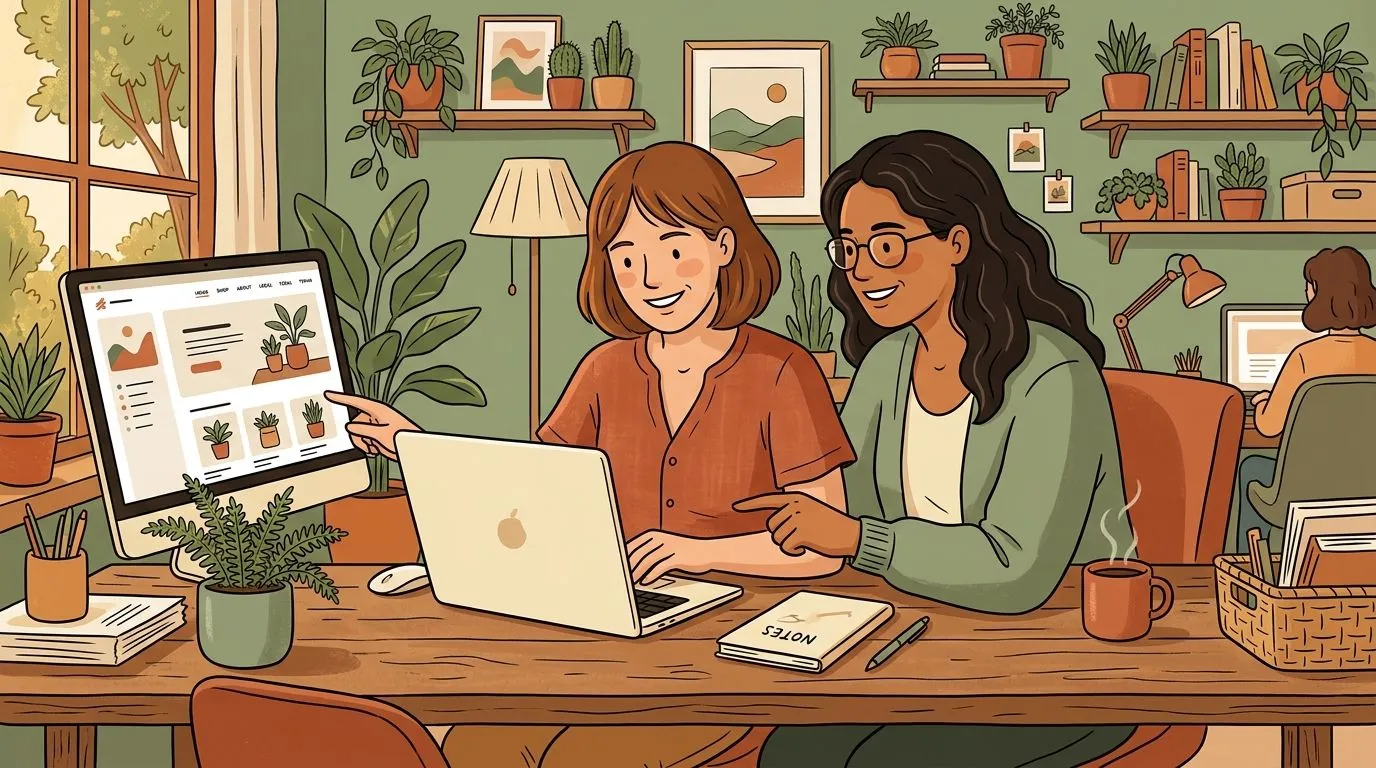 Illustration of two women reviewing a website together on a laptop.