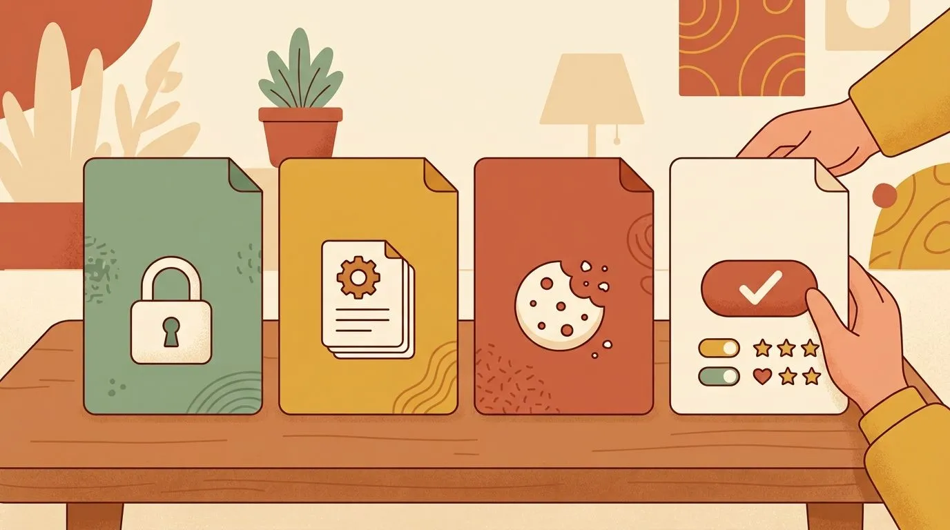 Illustration of four folders on a table with a padlock, a gear, a cookie and a checked box: privacy, terms, cookies and consent.