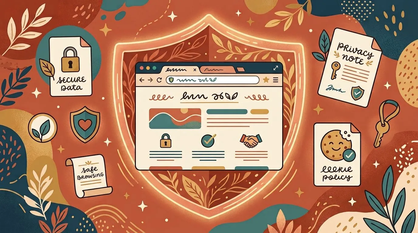 Illustration of a website protected by a shield, surrounded by privacy and cookie documents.