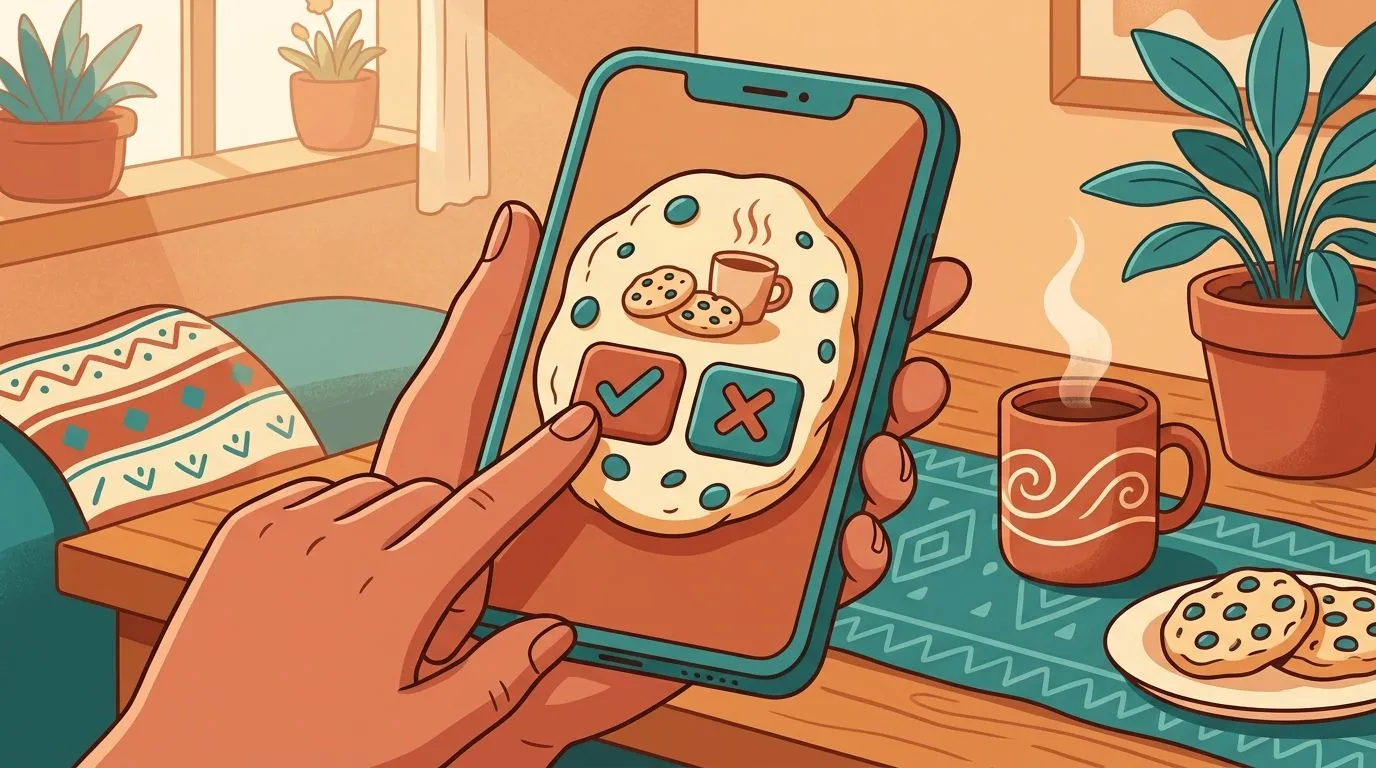 Illustration of a hand accepting or rejecting the cookie notice on a phone.