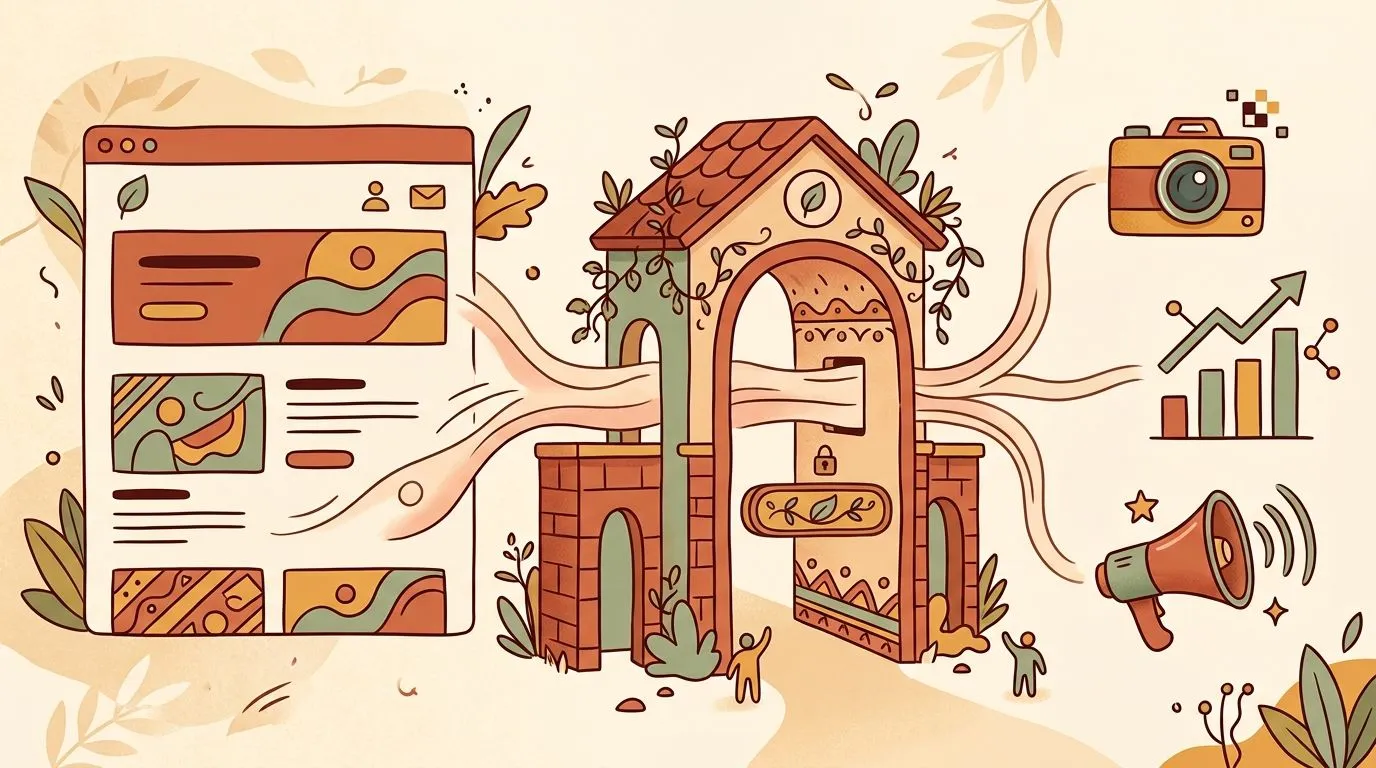 Illustration of a website connected to a house, a camera, a chart and a megaphone.