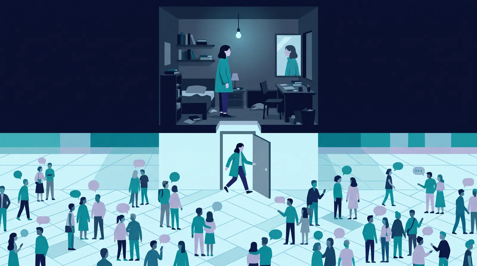 Ilustración de una mujer sola en su cuarto frente al espejo y, debajo, la misma mujer saliendo por una puerta hacia una multitud que conversa.