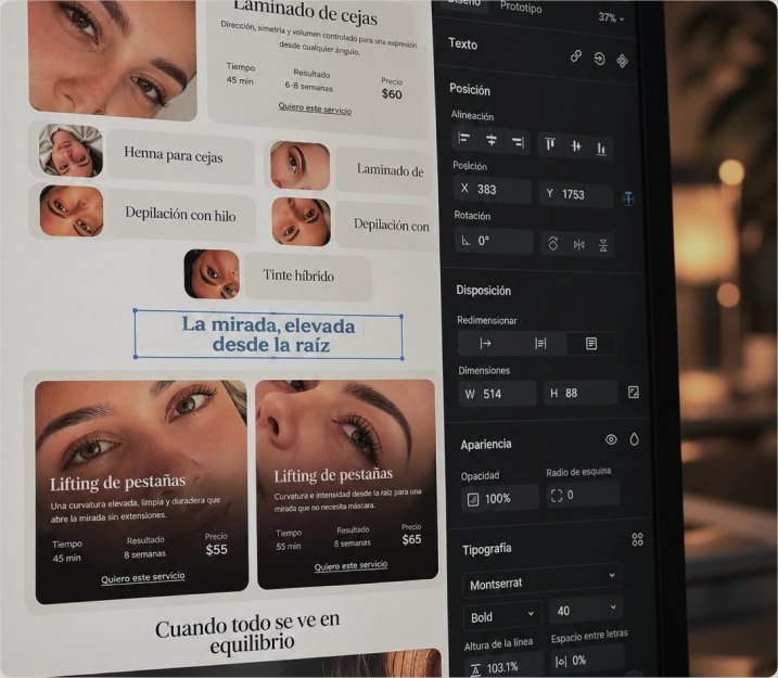 Edición de la página de servicios de Élevé Studio en Figma